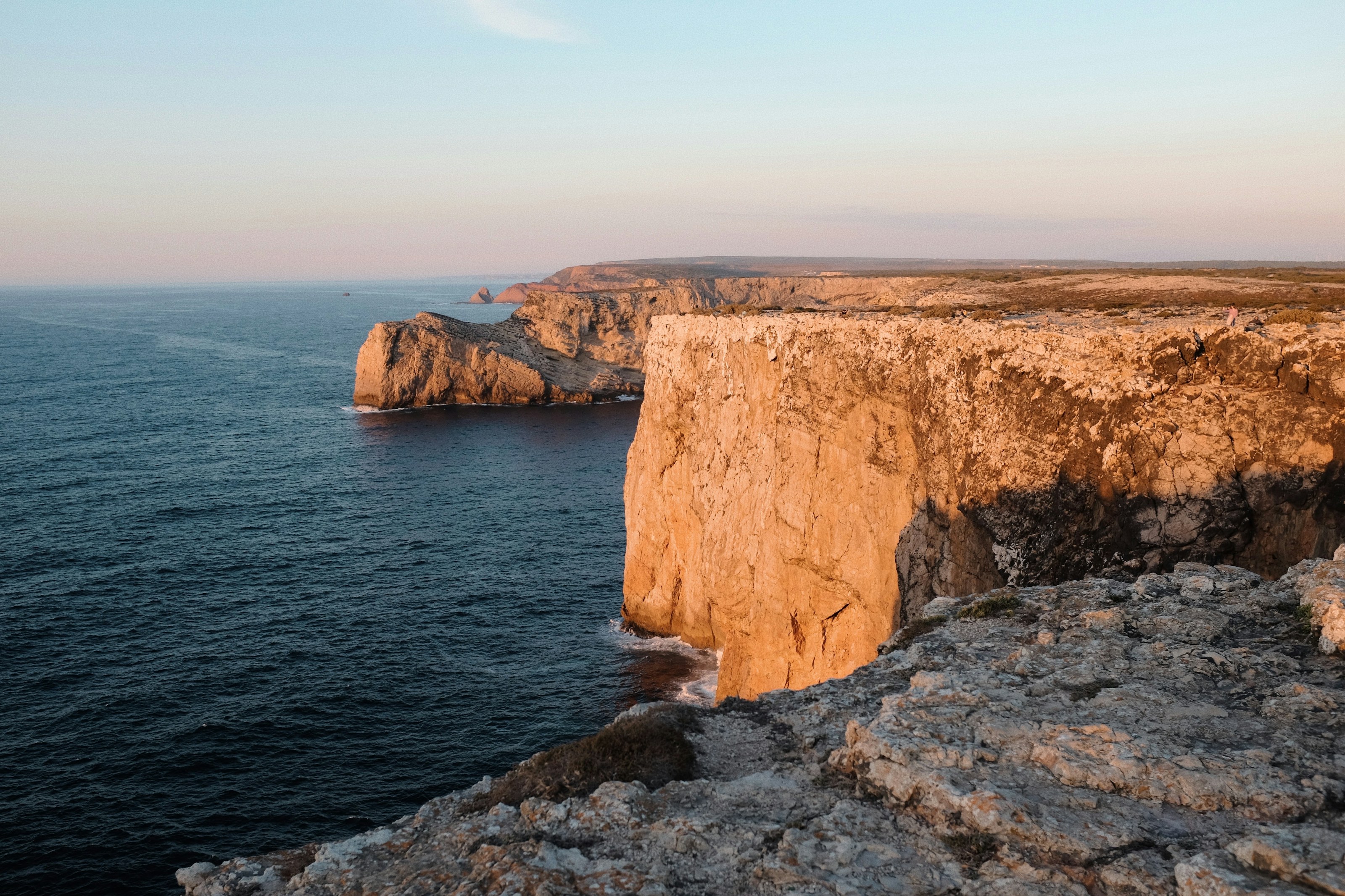Evening light on the limestone cliffs of Cabo de São Vicente, where the Algarve meets the Atlantic.